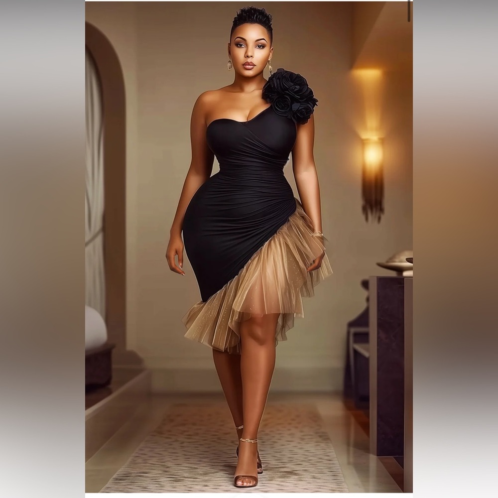 Chic Asymmetrical Black and Tan Dress with Floral Detail